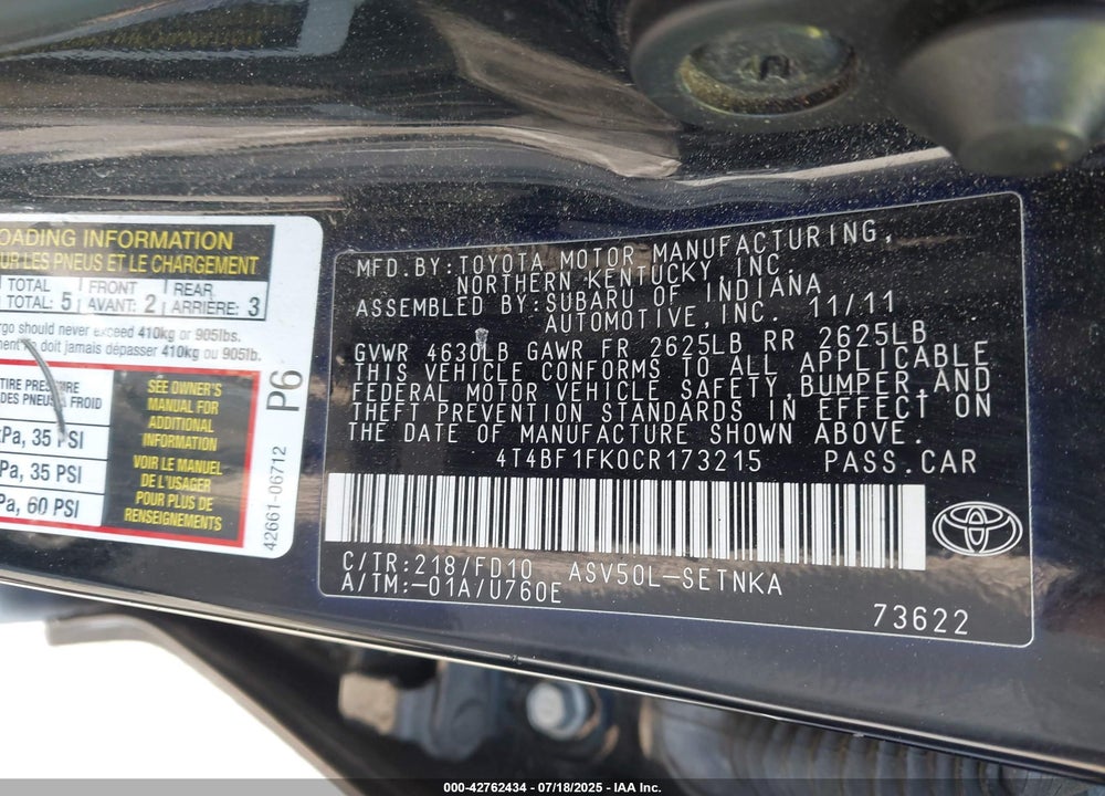 2012 TOYOTA CAMRY VIN: 4T4BF1FK0CR173215