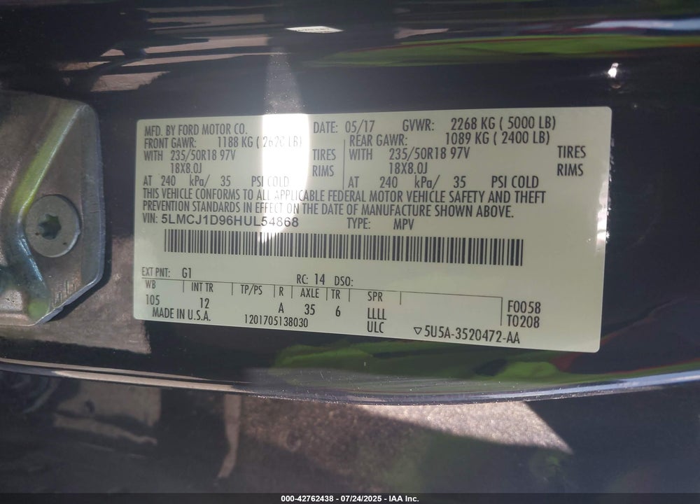 2017 LINCOLN MKC VIN: 5LMCJ1D96HUL54868