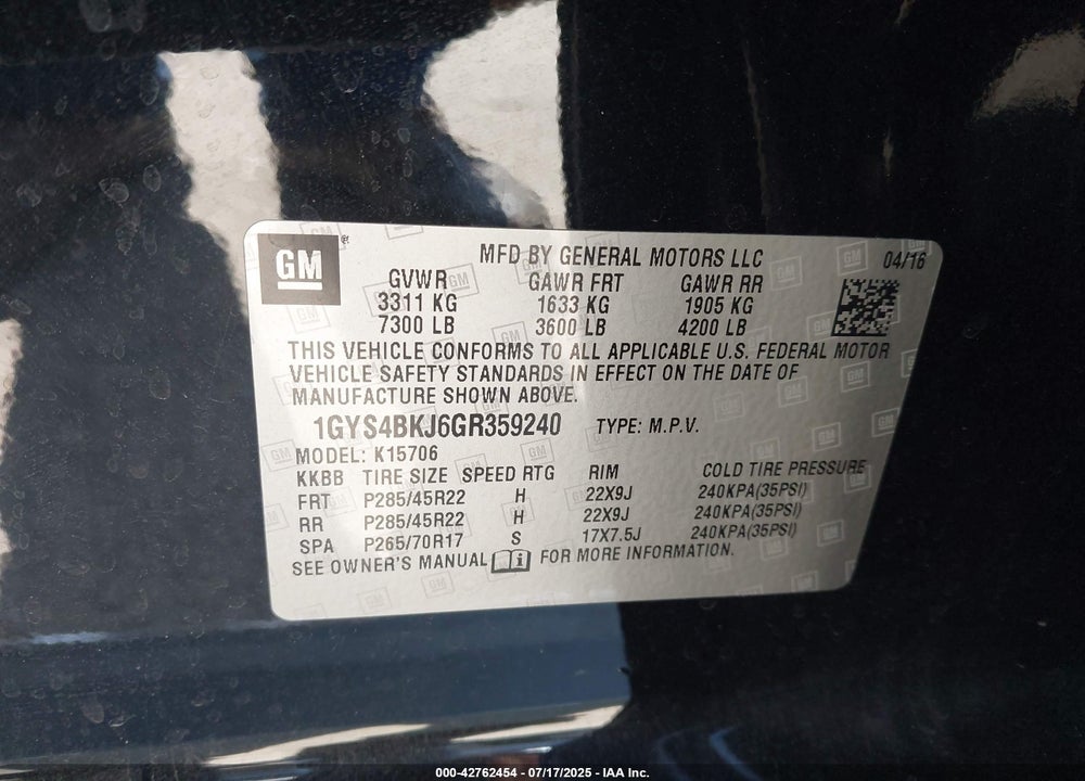 2016 CADILLAC ESCALADE VIN: 1GYS4BKJ6GR359240