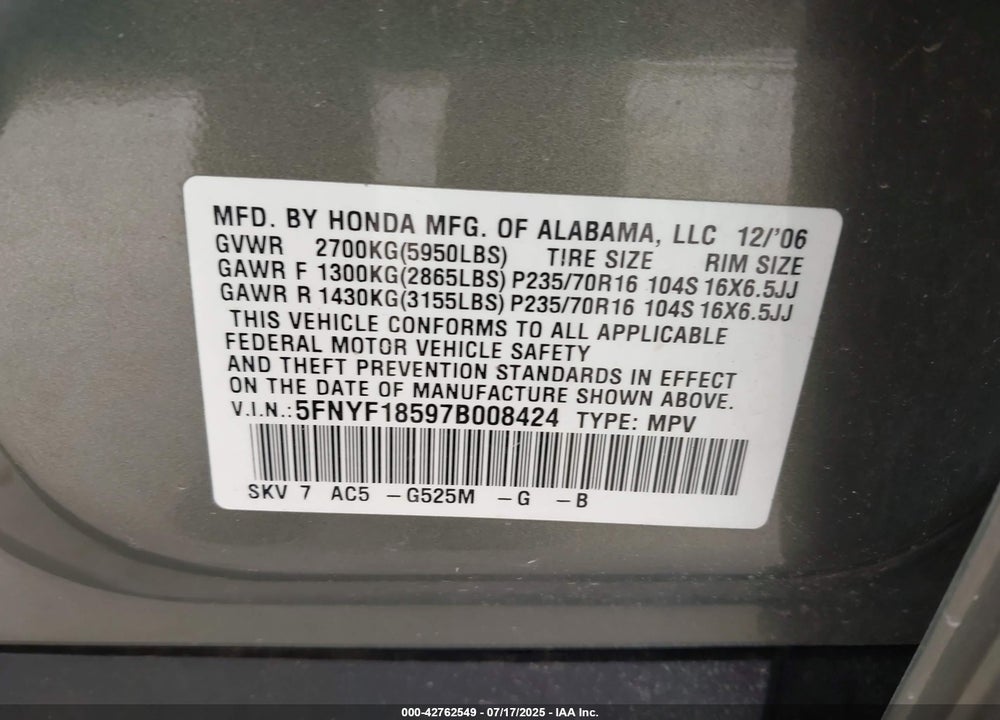 2007 HONDA PILOT EX-L VIN: 5FNYF18597B008424