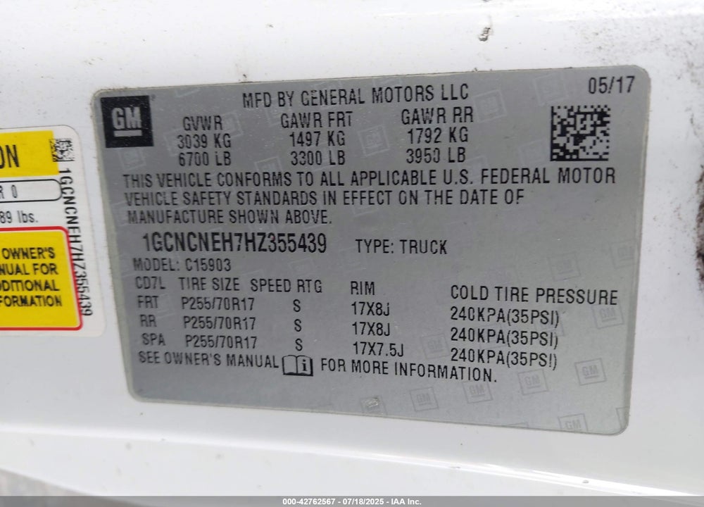 2017 CHEVROLET SILVERADO 1500 VIN: 1GCNCNEH7HZ355439