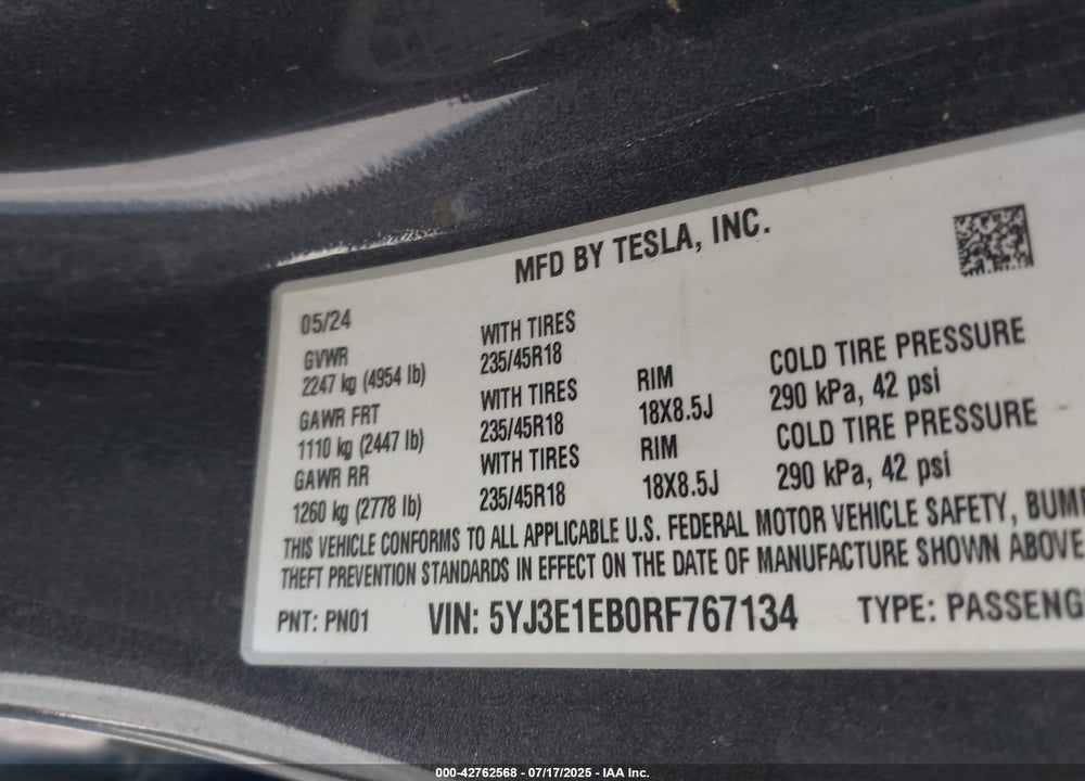 2024 TESLA MODEL 3 VIN: 5YJ3E1EB0RF767134