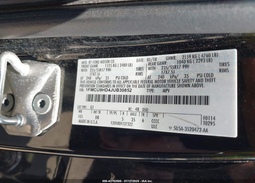 2018 FORD ESCAPE VIN: 1FMCU9HD4JUB30852