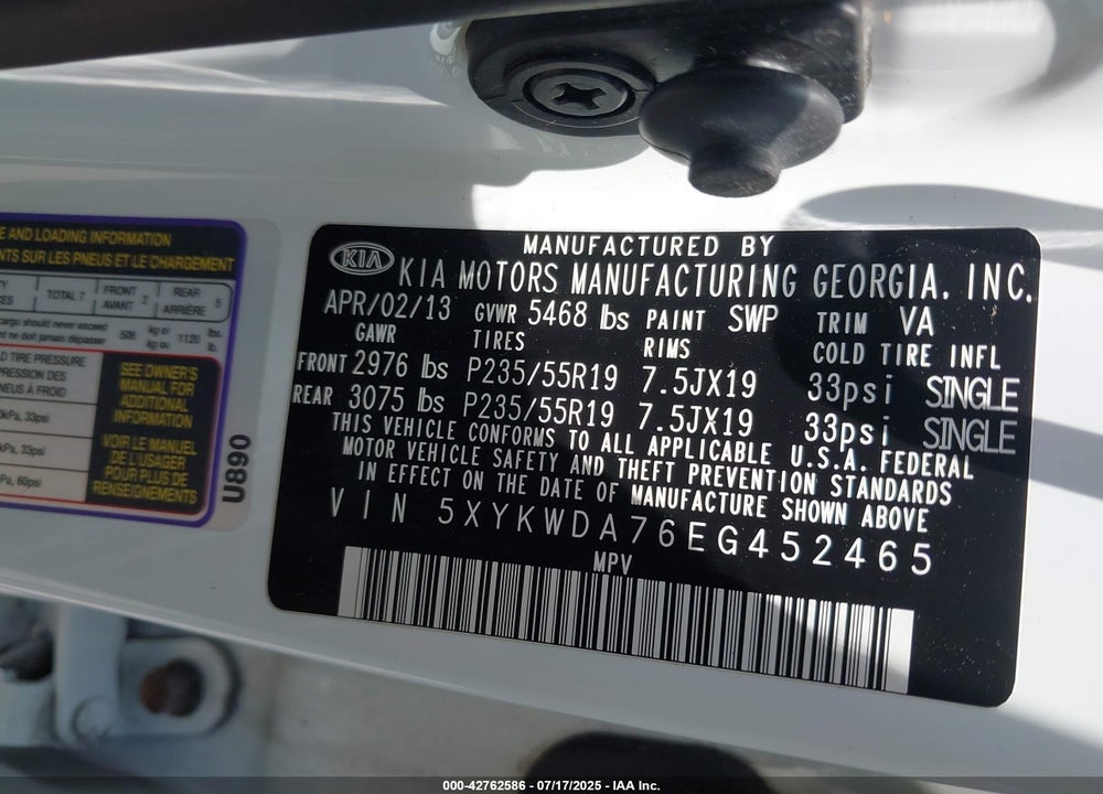 2014 KIA SORENTO VIN: 5XYKWDA76EG452465