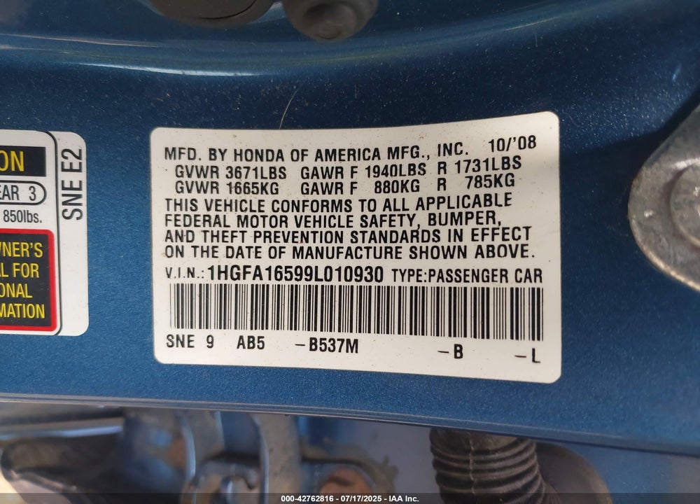 2009 HONDA CIVIC VIN: 1HGFA16599L010930