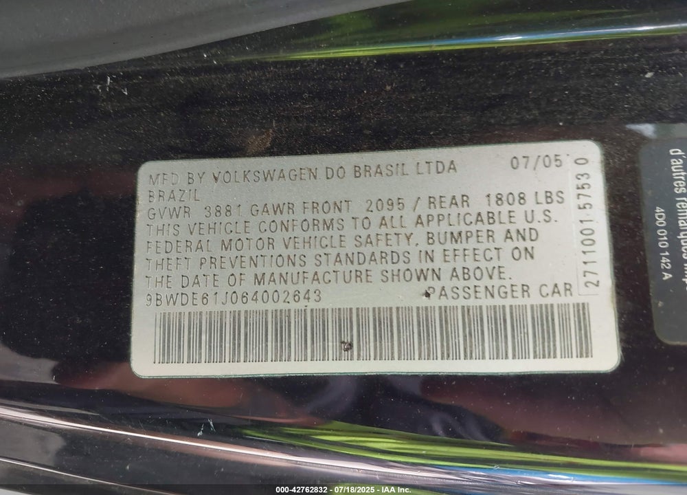 2006 VOLKSWAGEN GTI VIN: 9BWDE61J064002643