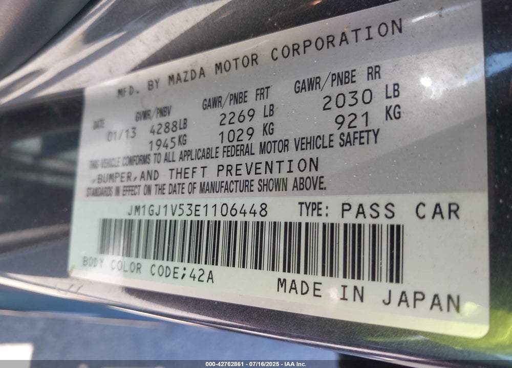2014 MAZDA 6 VIN: JM1GJ1V53E1106448