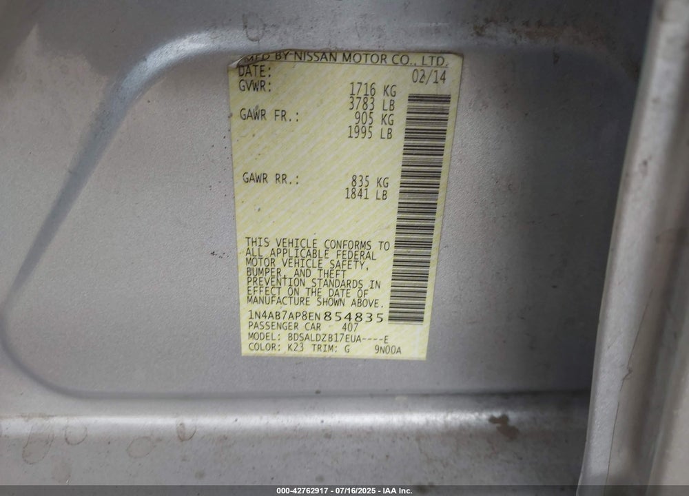 2014 NISSAN SENTRA VIN: 1N4AB7AP8EN854835