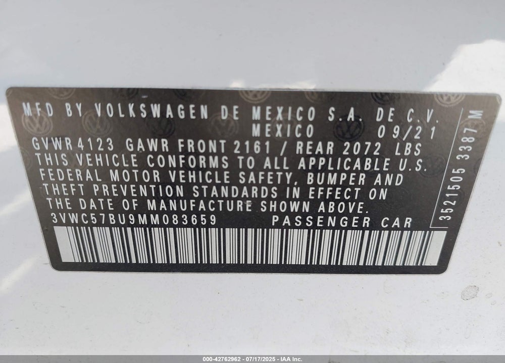 2021 VOLKSWAGEN JETTA VIN: 3VWC57BU9MM083659