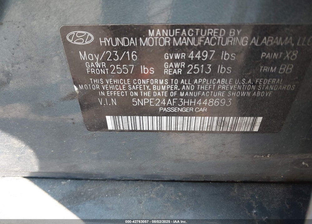 2017 HYUNDAI SONATA VIN: 5NPE24AF3HH448693
