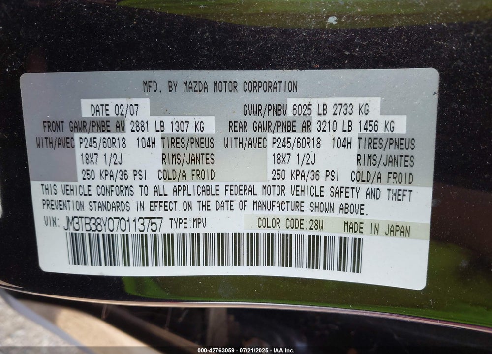 2007 MAZDA CX-9 VIN: JM3TB38Y070113757