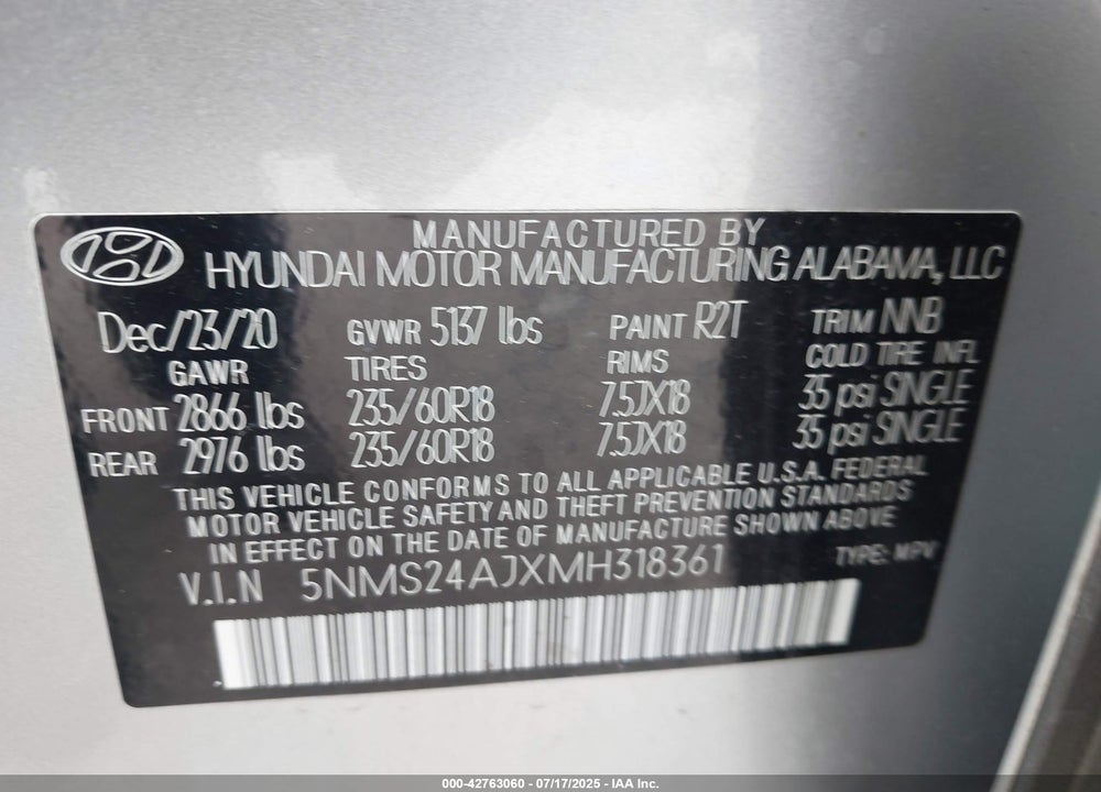 2021 HYUNDAI SANTA FE VIN: 5NMS24AJXMH318361