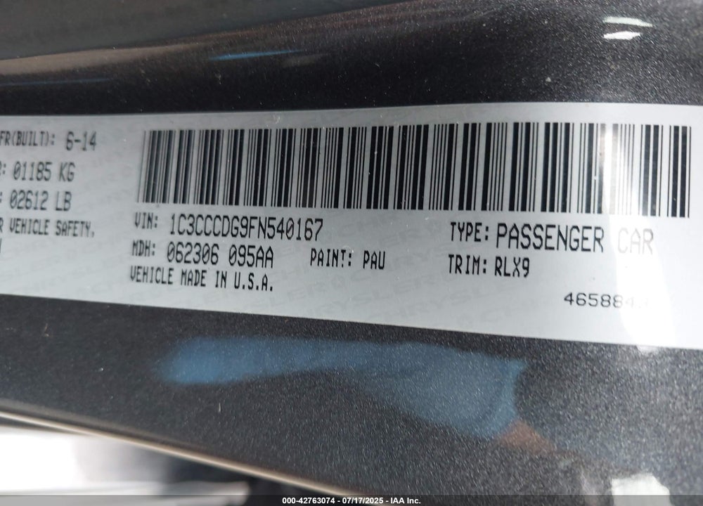 2015 CHRYSLER 200 S VIN: 1C3CCCDG9FN540167