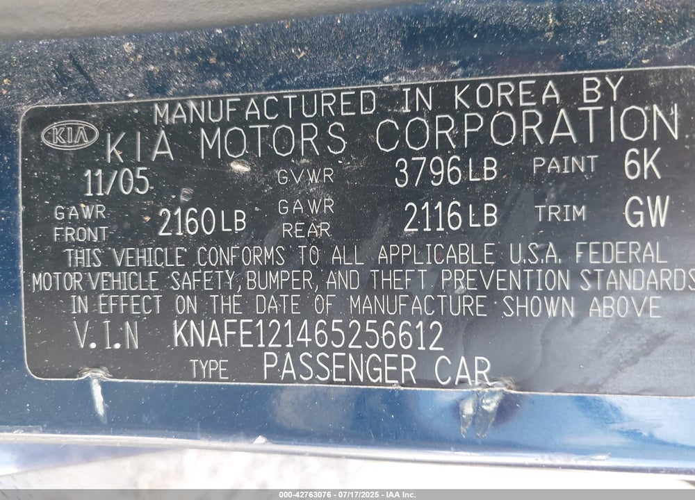 2006 KIA SPECTRA VIN: KNAFE121465256612