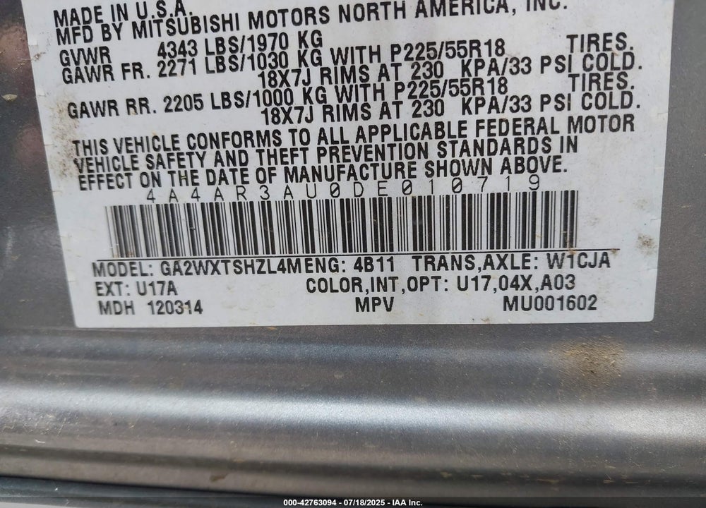 2013 MITSUBISHI OUTLANDER SPORT VIN: 4A4AR3AU0DE010719