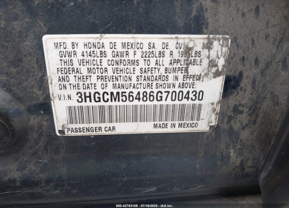 2006 HONDA ACCORD VIN: 3HGCM56486G700430