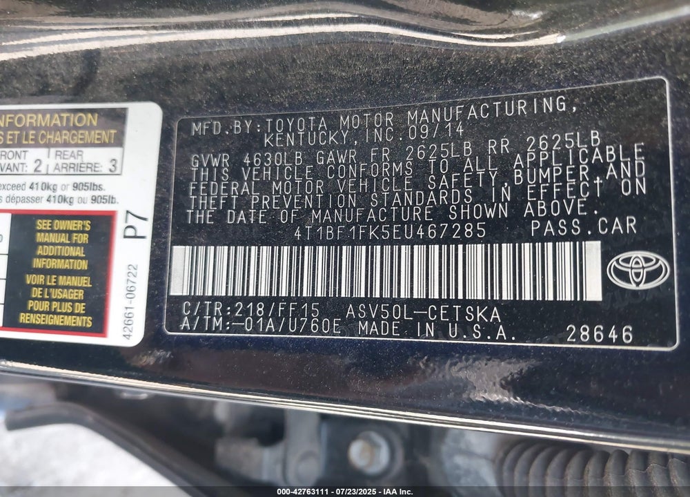 2014 TOYOTA CAMRY VIN: 4T1BF1FK5EU467285