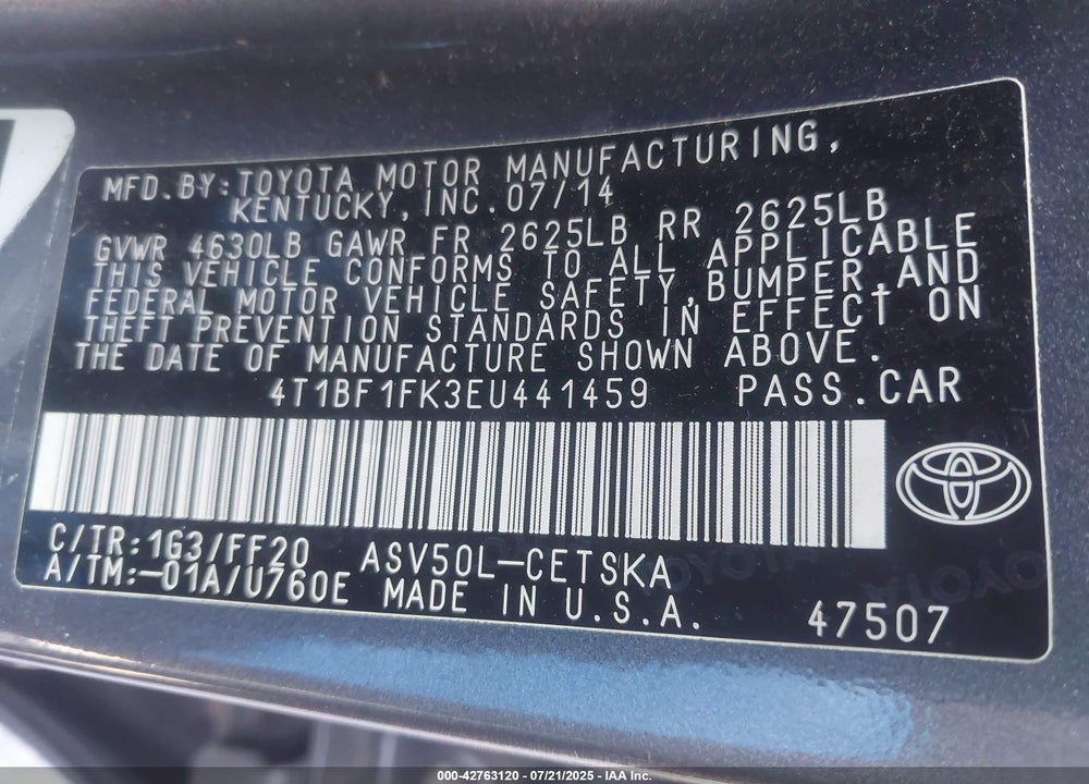 2014 TOYOTA CAMRY VIN: 4T1BF1FK3EU441459