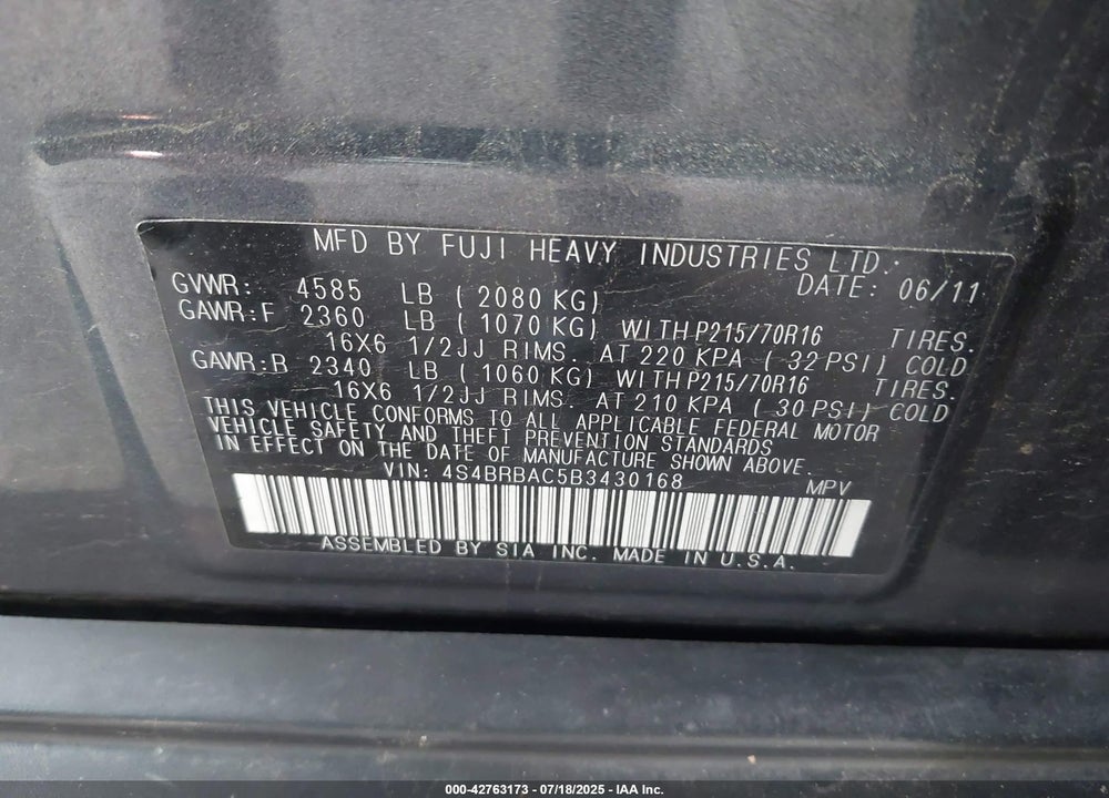 2011 SUBARU OUTBACK VIN: 4S4BRBAC5B3430168