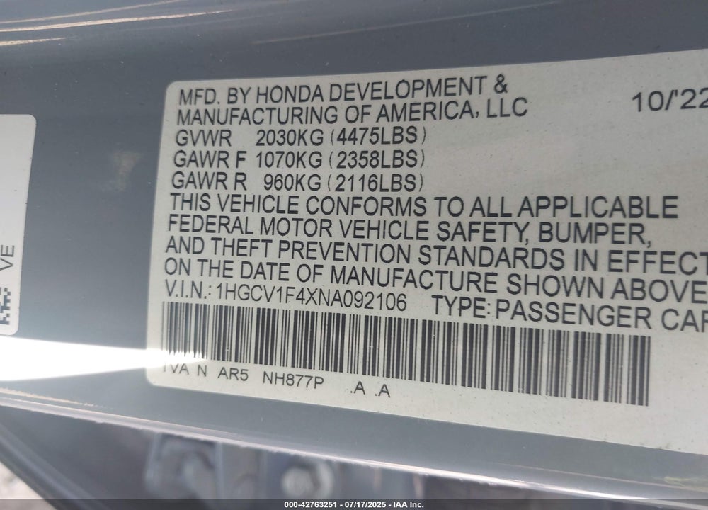 2022 HONDA ACCORD SPORT SPECIAL EDITION VIN: 1HGCV1F4XNA092106