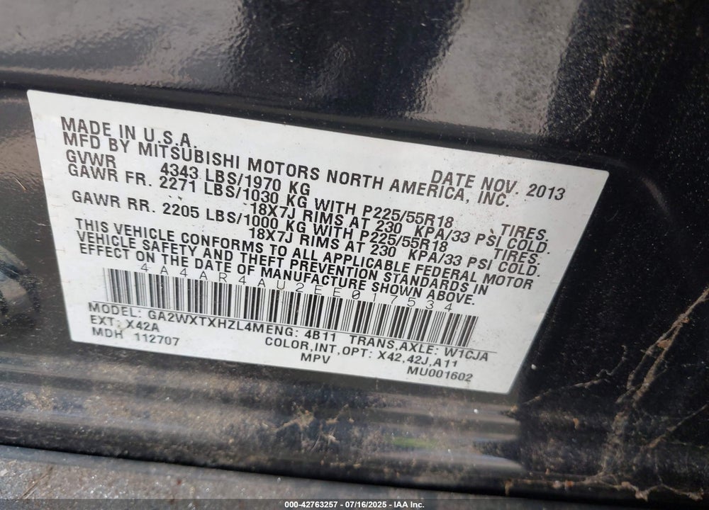 2014 MITSUBISHI OUTLANDER SPORT VIN: 4A4AR4AU2EE017534
