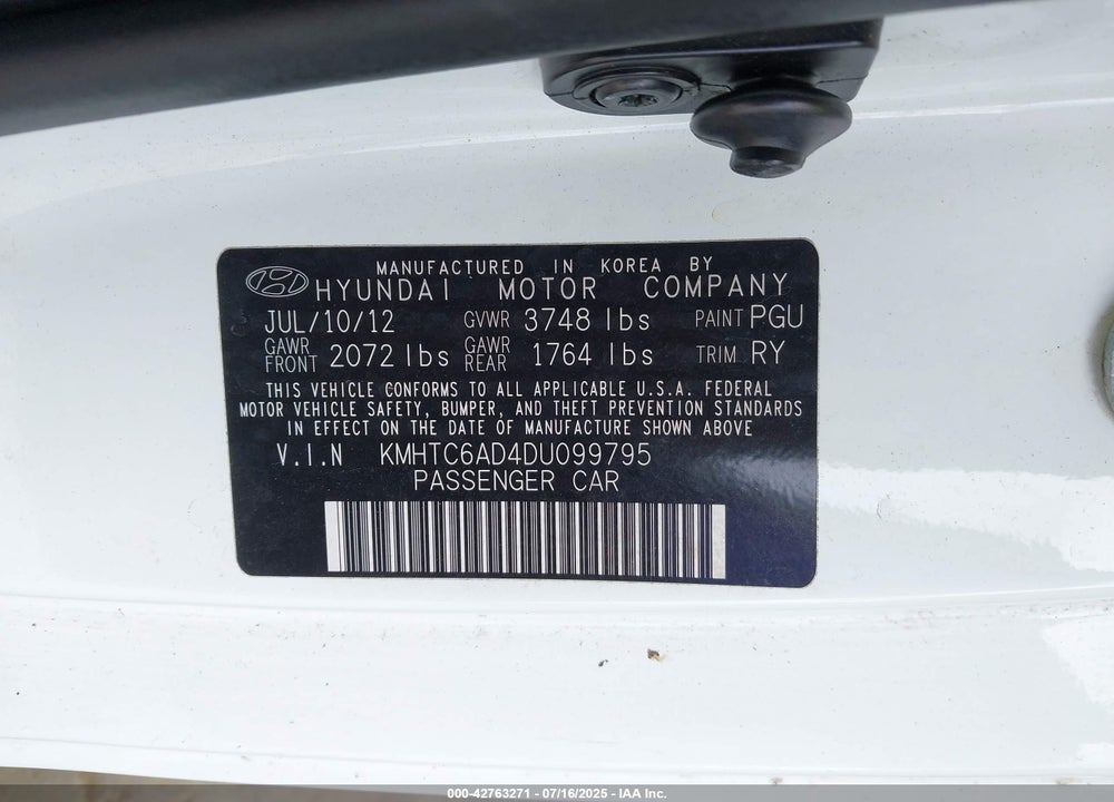 2013 HYUNDAI VELOSTER BASE W/GRAY VIN: KMHTC6AD4DU099795