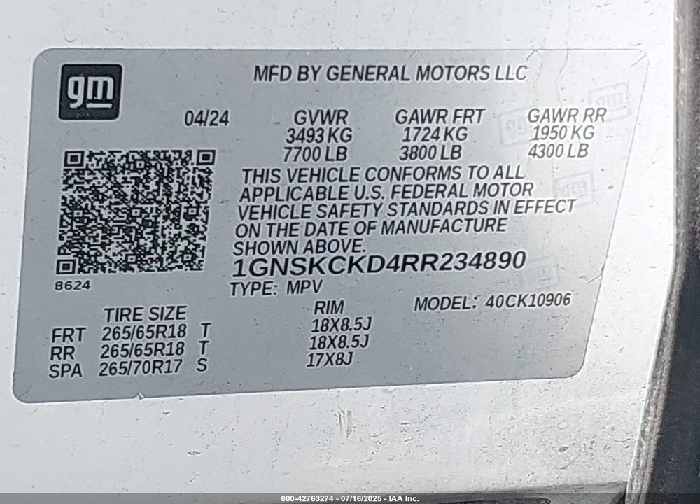 2024 CHEVROLET SUBURBAN VIN: 1GNSKCKD4RR234890