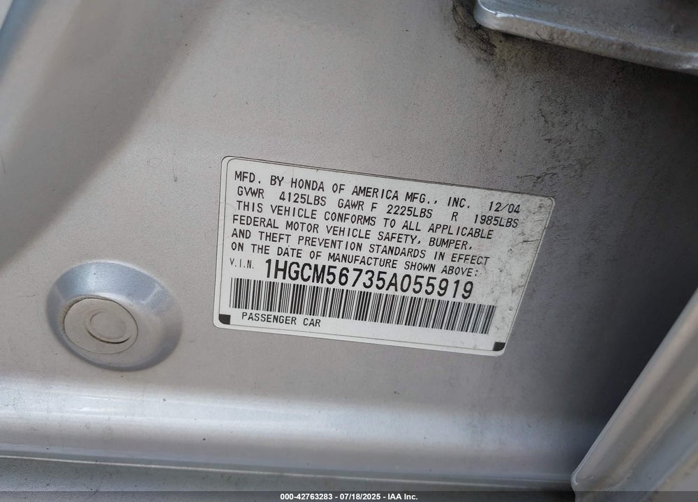 2005 HONDA ACCORD VIN: 1HGCM56735A055919