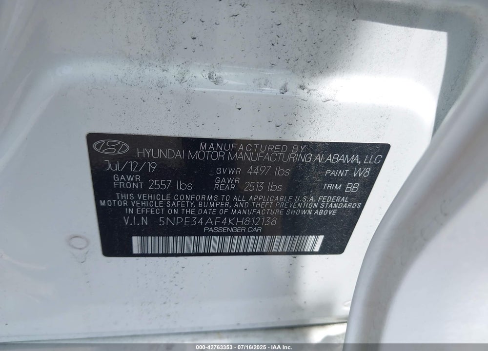 2019 HYUNDAI SONATA VIN: 5NPE34AF4KH812138