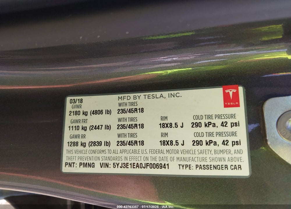 2018 TESLA MODEL 3 LONG RANGE/MID RANGE VIN: 5YJ3E1EA0JF006941