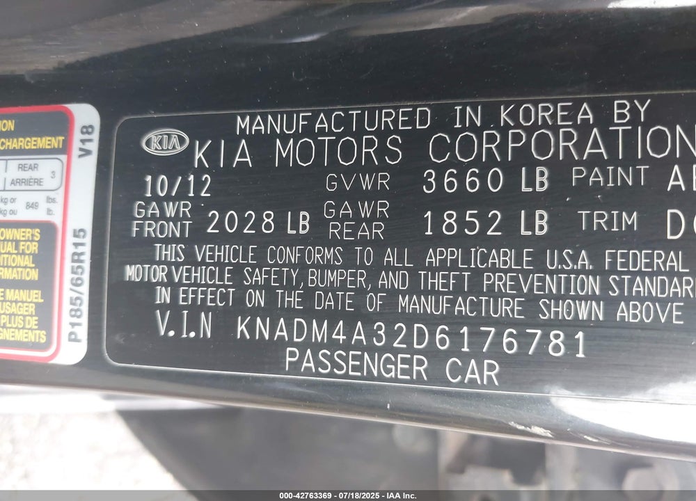 2013 KIA RIO VIN: KNADM4A32D6176781