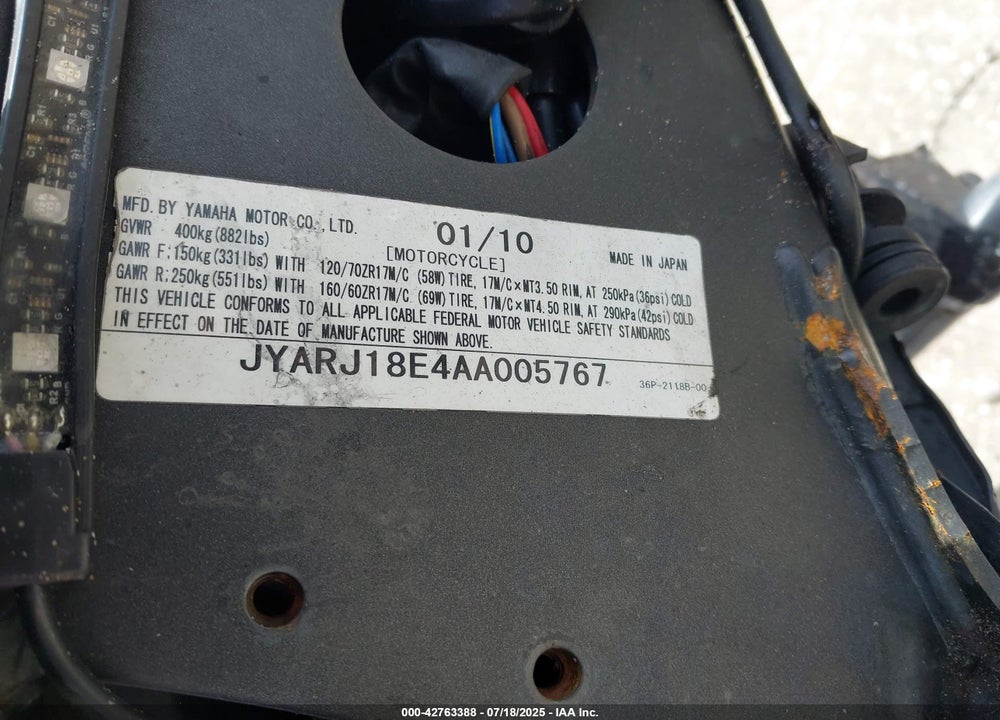 2010 YAMAHA FZ6 R VIN: JYARJ18E4AA005767