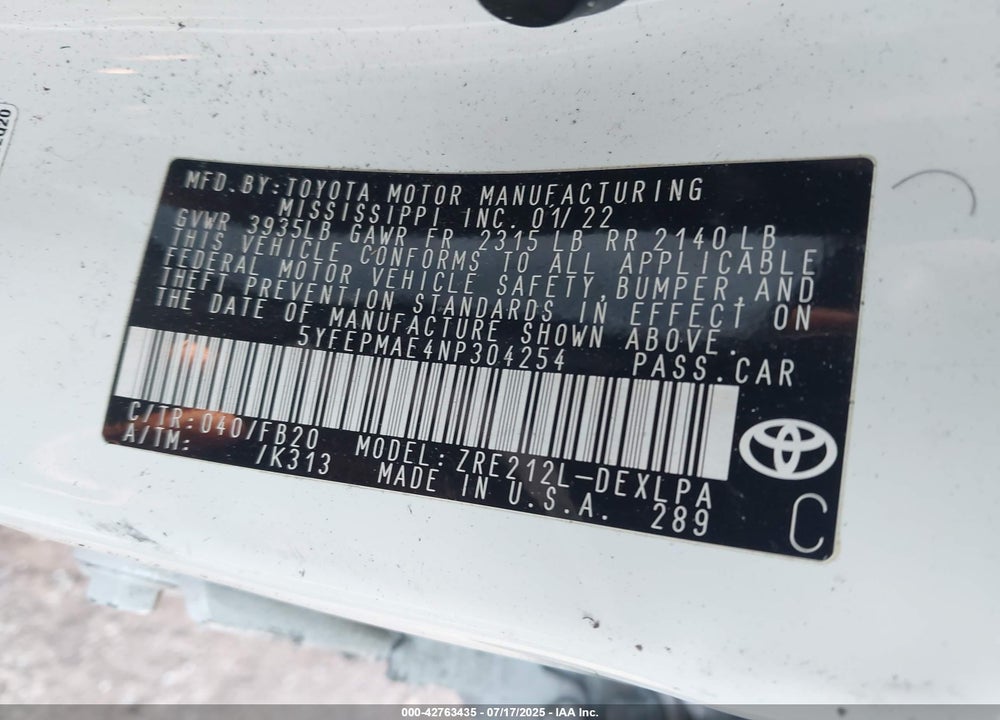 2022 TOYOTA COROLLA VIN: 5YFEPMAE4NP304254