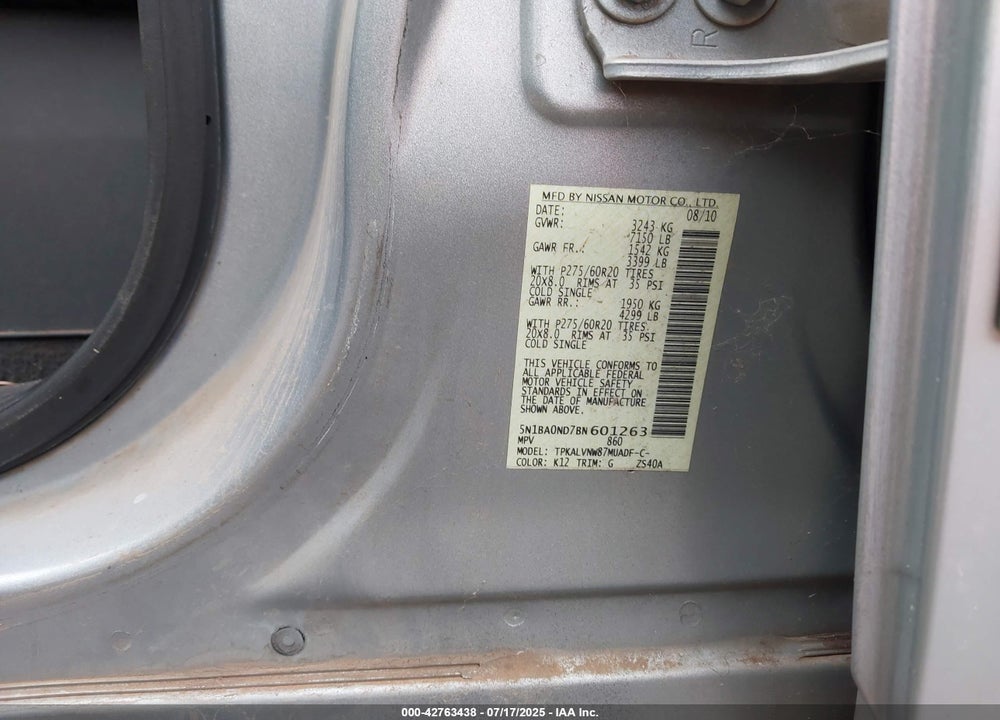 2011 NISSAN ARMADA VIN: 5N1BA0ND7BN601263