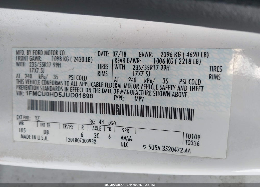 2018 FORD ESCAPE VIN: 1FMCU0HD5JUD01698