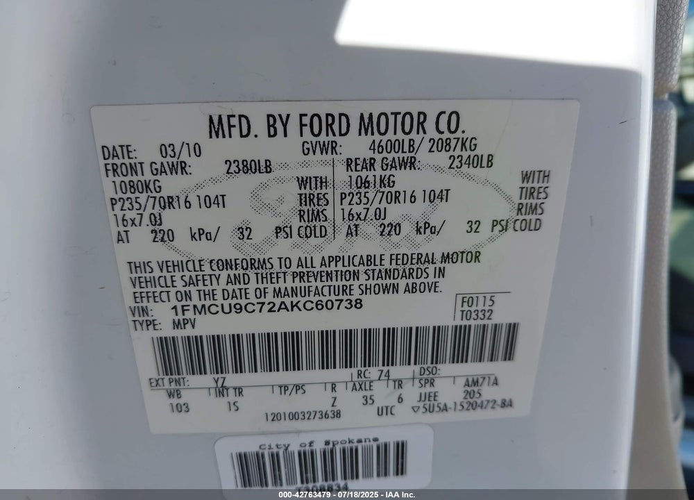2010 FORD ESCAPE VIN: 1FMCU9C72AKC60738