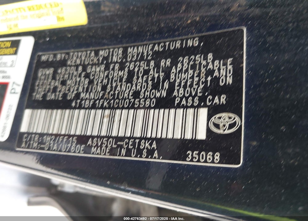 2012 TOYOTA CAMRY VIN: 4T1BF1FK1CU075580