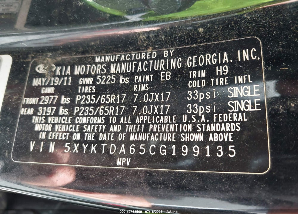 2012 KIA SORENTO VIN: 5XYKTDA65CG199135