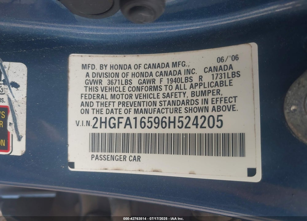 2006 HONDA CIVIC LX VIN: 2HGFA16596H524205