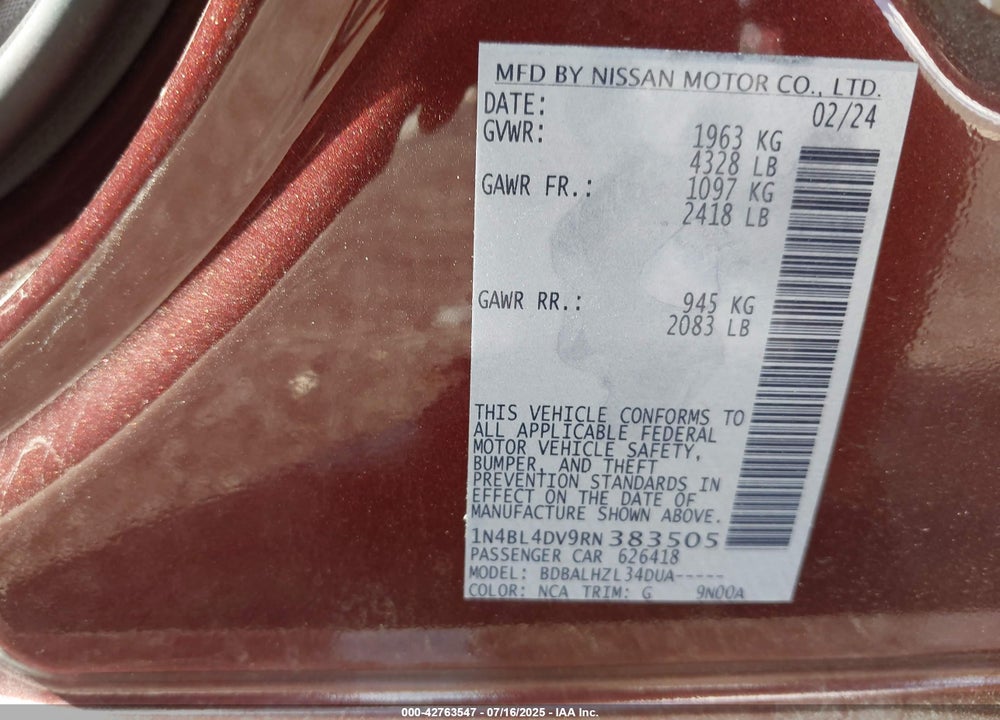 2024 NISSAN ALTIMA SV FWD VIN: 1N4BL4DV9RN383505