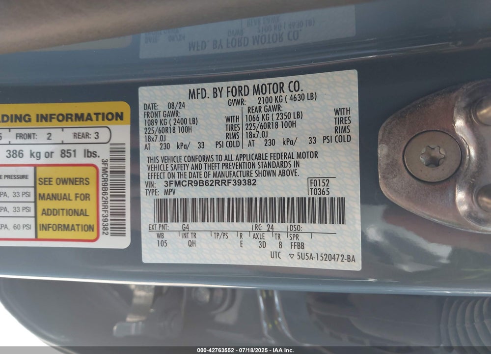 2024 FORD BRONCO SPORT VIN: 3FMCR9B62RRF39382