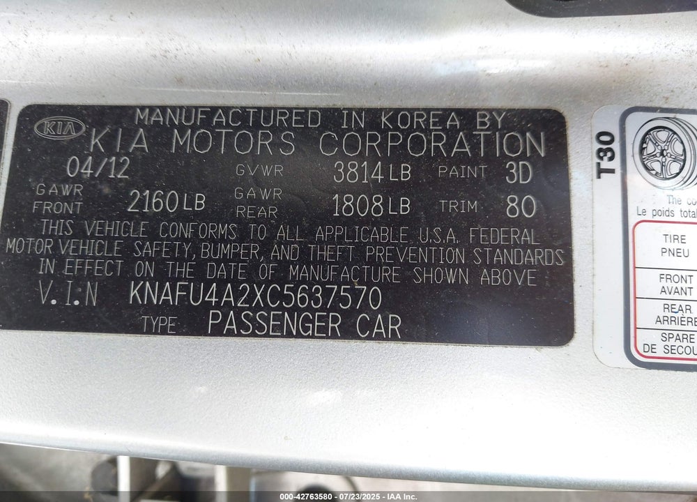 2012 KIA FORTE VIN: KNAFU4A2XC5637570