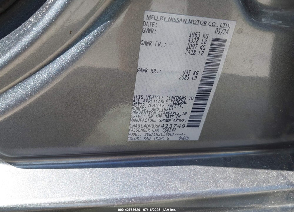 2024 NISSAN ALTIMA VIN: 1N4BL4DV8RN423749