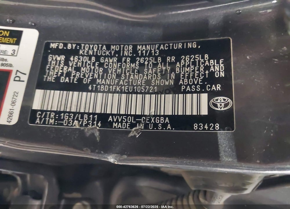 2014 TOYOTA CAMRY HYBRID XLE VIN: 4T1BD1FK1EU105721