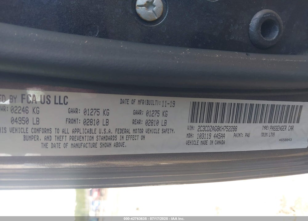 2019 DODGE CHALLENGER SXT VIN: 2C3CDZAG8KH752288
