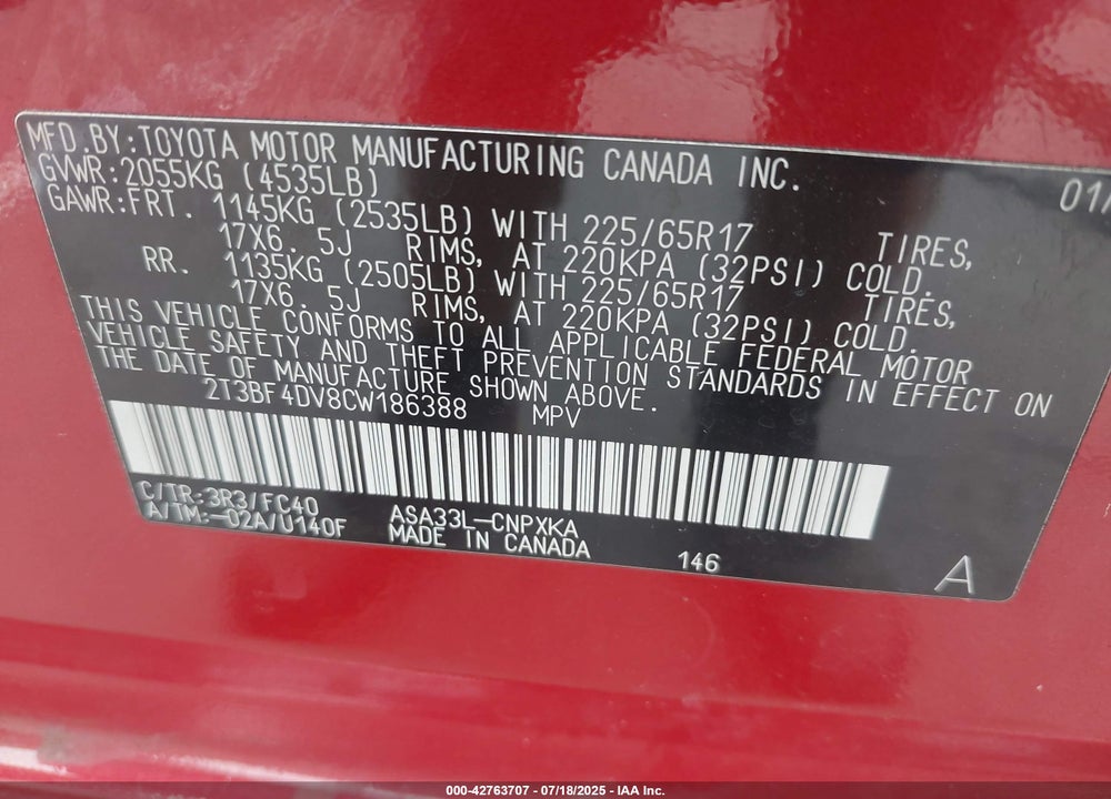 2012 TOYOTA RAV4 VIN: 2T3BF4DV8CW186388