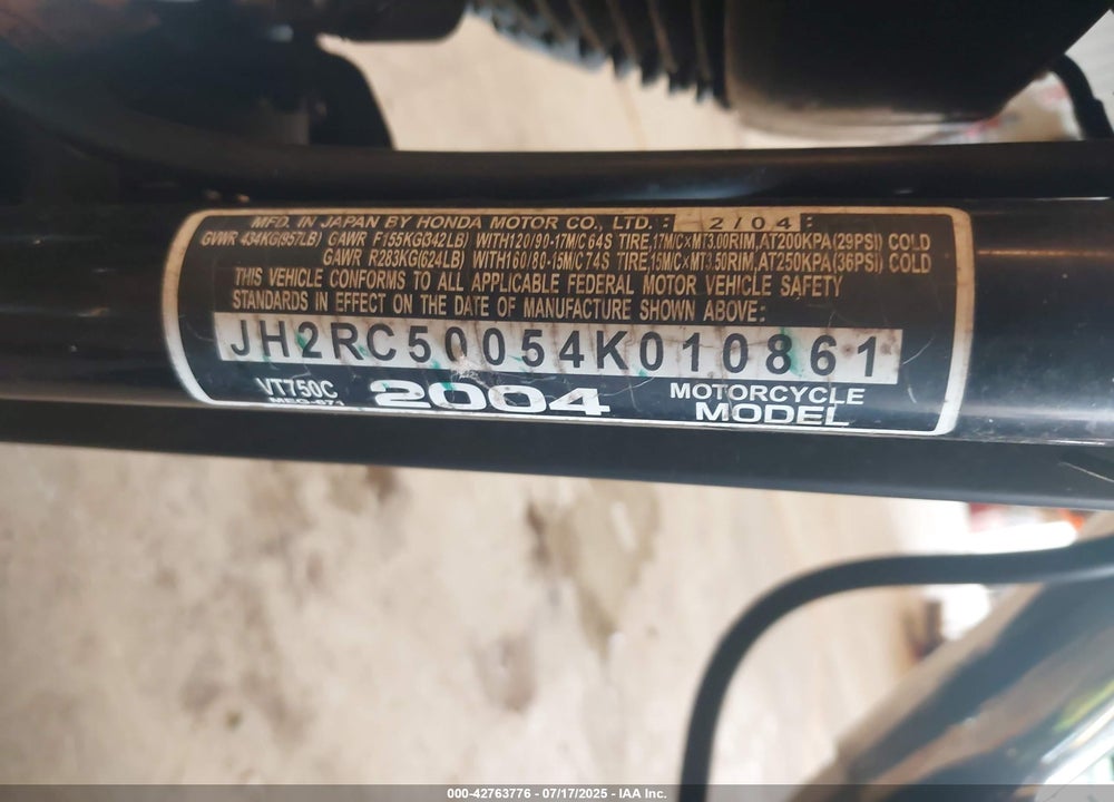 2004 HONDA VT750 C VIN: JH2RC50054K010861