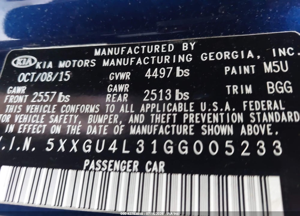 2016 KIA OPTIMA VIN: 5XXGU4L31GG005233