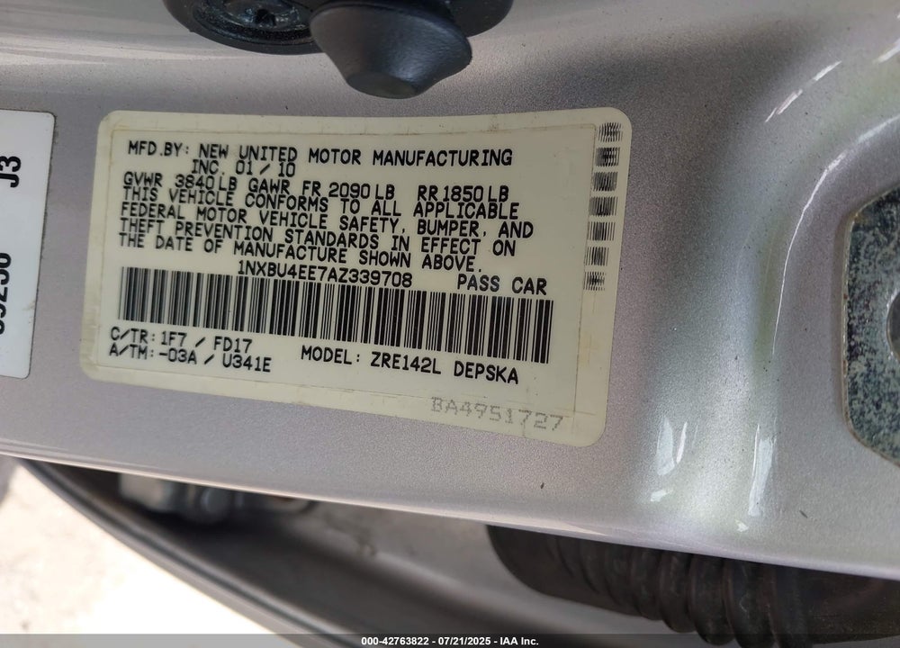 2010 TOYOTA COROLLA VIN: 1NXBU4EE7AZ339708