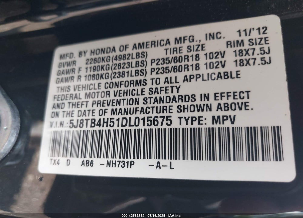 2013 ACURA RDX VIN: 5J8TB4H51DL015675